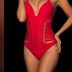Honey Birdette Stevie swimsuit bathing suit one piece  32C red sexy